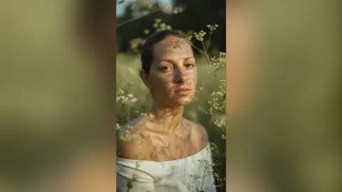Serene woman in a white off-the-shoulder top sitting in a sunlit wildflower field during golden hour.