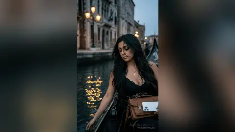 Moody portrait of a woman in a black top sitting on a gondola in a dark Venice canal at twilight.