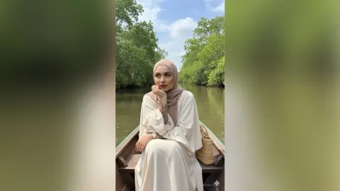 Elegant woman in a cream modest dress and beige hijab sitting peacefully in a wooden boat on a calm river.