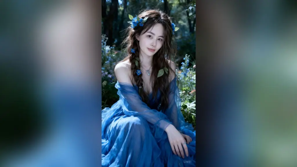Beautiful young woman with long dark hair and a white lily flower in a soft, dreamy portrait.