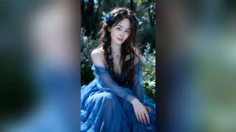 Ethereal woman in a flowing blue gown with floral hair accessories in a dreamy forest setting.