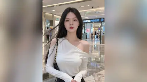 Elegant woman in a white off-the-shoulder top posing in a modern, bright shopping mall hallway.