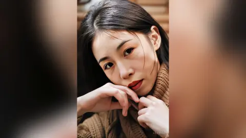 Young woman in a cozy brown knit sweater looking thoughtful in a warm, soft-lit indoor setting.