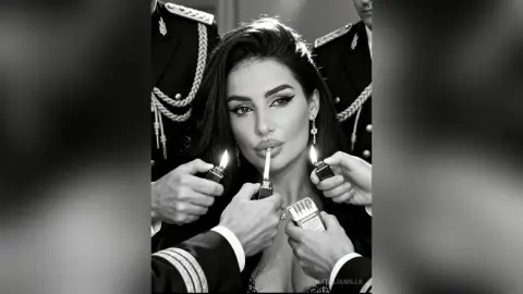 Glamorous woman in elegant evening wear holding a lit cigarette in a moody, cinematic black and white setting.