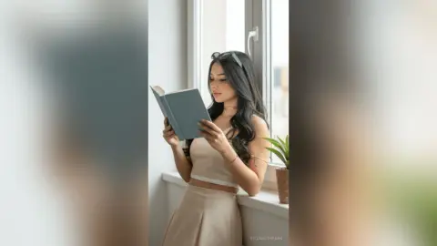 Young woman in a beige outfit reading a book by a bright window in a peaceful, cozy indoor setting.