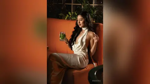 Elegant woman in a white satin dress sitting on an orange sofa holding a cocktail in a moody indoor setting.