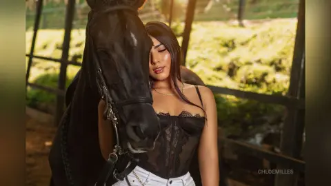 Beautiful woman in a black lace corset leaning affectionately against a black horse in a sunny stable setting.