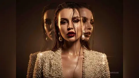 Glamorous woman in a pearl-encrusted gown with wet hair and bold red lips in a moody studio setting.