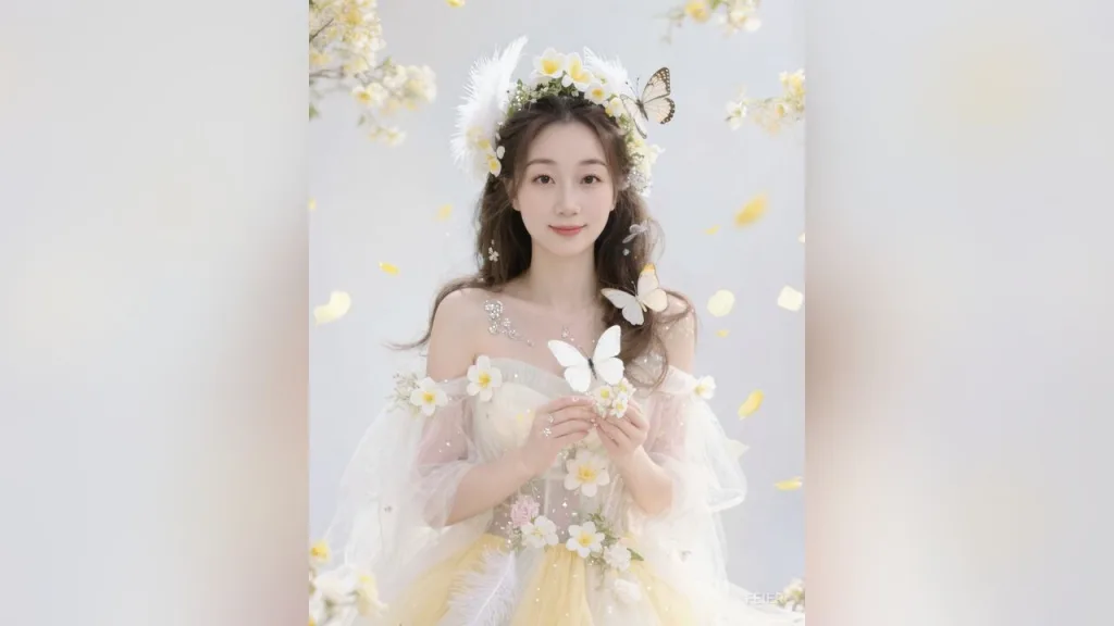 feier — feier wears a white floral fairy dress and a flower crown while holding a white butterfly against a soft background.