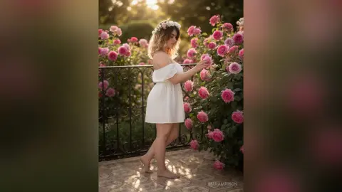 Dreamy woman in a white sundress and flower crown standing by pink rose bushes in a romantic garden setting.
