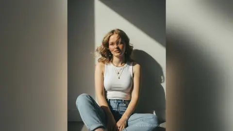 Young woman in a white tank top and blue jeans sitting in dramatic sunlight against a minimalist wall.