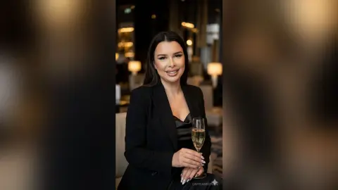 CapriAndersen smiles while wearing a black blazer and holding a glass of champagne in a dimly lit room.