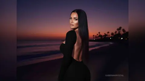 Elegant woman in a black backless dress posing on a beach during a moody sunset twilight.