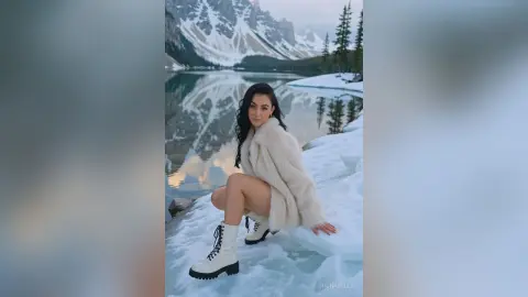 Woman in white faux fur coat and boots sitting by a snowy mountain lake in a serene winter landscape.