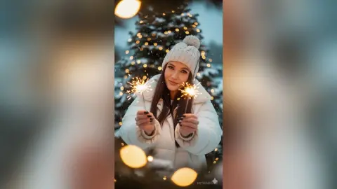 KetrinRosse — Smiling woman in a white puffer jacket holding sparkling fireworks in a snowy winter forest setting.