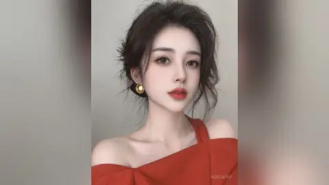 AgelaHui poses with a headshot view, wearing a red off-the-shoulder top and gold earrings with her dark hair styled in a loose updo.