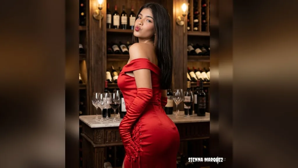 SiennaMarquez β SiennaMarquez pouts in a tight red dress and long red gloves while standing in a wine cellar.