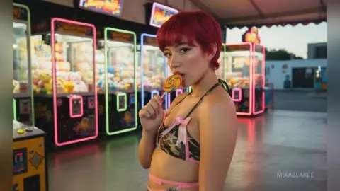 Young woman in a pink camo bikini eating a lollipop at a neon-lit arcade at dusk.