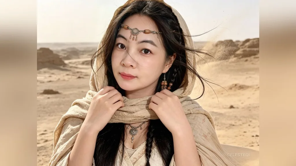 CelesteQi — CelesteQi wears a beige headscarf and gold jewelry while posing in a desert landscape.