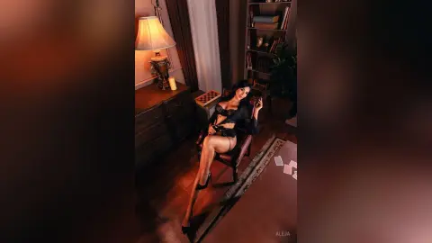 Aleja sits on a chair wearing black lace lingerie and black heels in a dimly lit room with a lamp and bookshelf.