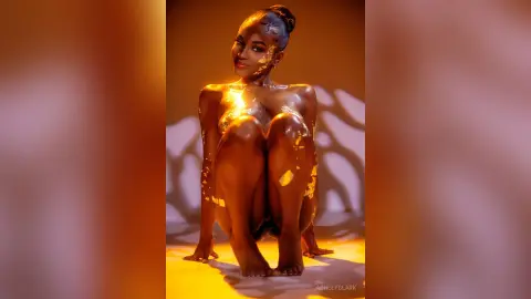 Glamorous woman with gold body glitter posing in warm studio lighting for a luxury beauty concept.