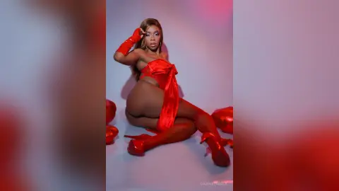 Curvy woman in a glamorous red satin outfit posing confidently against a soft studio background.