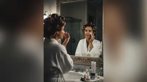 AyshaConnor wears a white robe and hair rollers while applying lotion to her face in front of a bathroom mirror.