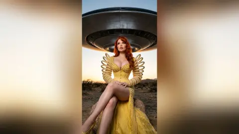 Redheaded woman in a glamorous yellow couture gown sitting outdoors under a large metallic structure at sunset.
