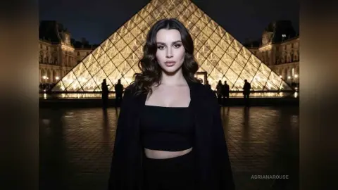 Elegant woman in a black outfit standing before the illuminated Louvre Pyramid in Paris at night.