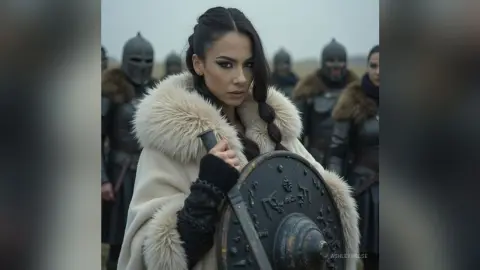 Serious female warrior in a white fur cloak holding a vintage shield in a misty battlefield setting.