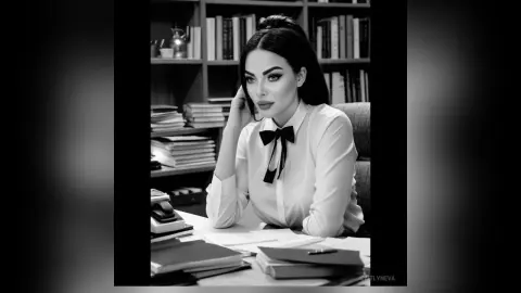 Elegant woman in a white blouse and black bow tie sitting at a desk in a moody library setting.