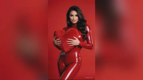 AnnaKarev poses in a tight red latex bodysuit while holding a large red heart against her chest.
