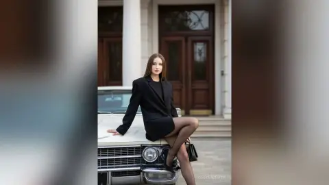 Elegant woman in a black blazer and skirt posing by a vintage car in front of a classic building.