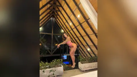 Tattooed woman in a pink bikini posing in a modern wooden cabin with large glass windows at night.