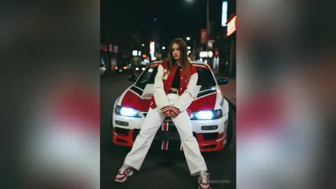Stylish woman in a red and white varsity jacket and white trousers posing in front of a sports car at night.