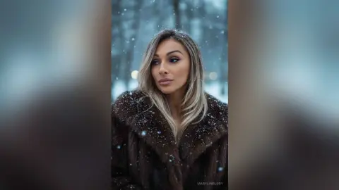 Blonde woman in a cozy brown faux fur coat standing in a dreamy, snowy winter forest setting.