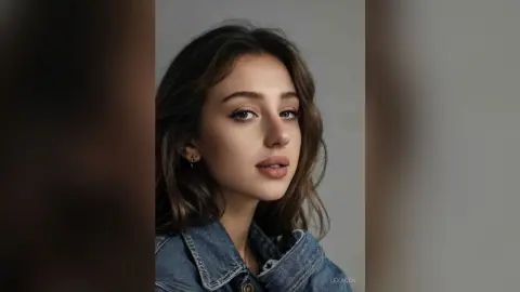 Portrait of a young woman with wavy brown hair wearing a denim jacket in a soft, moody studio setting.