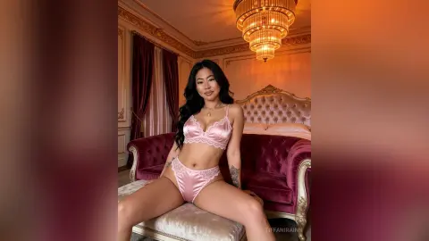 Beautiful woman in pink satin lingerie sitting on a velvet sofa in a luxurious, warm-lit bedroom.