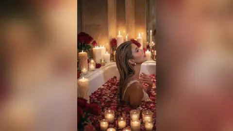 Relaxed woman in white lace lingerie relaxing in a bathtub filled with red rose petals and glowing candles.