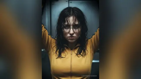 Moody portrait of a young woman with wet hair wearing a yellow zip-up sweatshirt in a dark industrial setting.