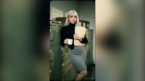 Blonde woman in a black turtleneck and grey skirt holding a coffee cup and folder in a vintage office setting.