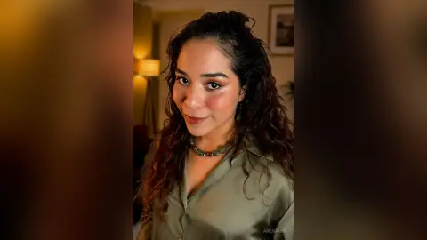 Smiling woman with curly hair wearing a sage green blouse in warm indoor lighting.