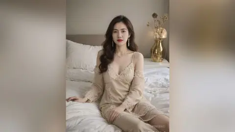 Elegant woman in a beige lace silk slip dress sitting on a white bed in a bright, serene bedroom setting.