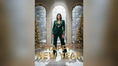 Elegant woman in a green velvet suit standing in a festive winter room with Christmas trees and New Year decor.