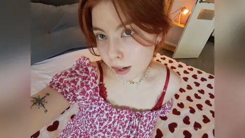 Redheaded woman in a floral print blouse relaxing on a heart-patterned bed in a cozy bedroom setting.