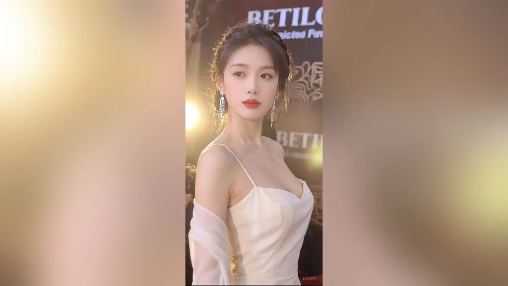 liyufei — liyufei poses in a white spaghetti strap dress with her dark hair styled up and long silver earrings.