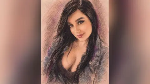 Hand-drawn pencil sketch portrait of a smiling woman with long dark hair wearing a denim jacket.