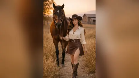 Stylish woman in a cowboy hat and cream blouse standing next to a brown horse in a golden sunset field.