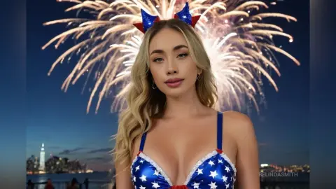 Blonde woman in patriotic star-patterned bikini celebrating with fireworks under a night sky.