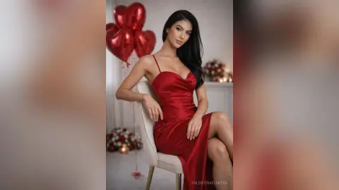 Elegant woman in a red satin slip dress sitting by heart balloons for a romantic Valentine's Day photoshoot.